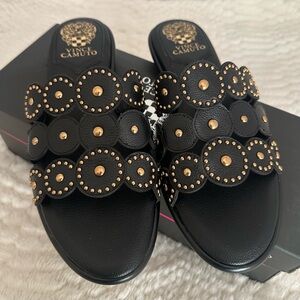 Vince Camuto Black and Gold Studded Mules